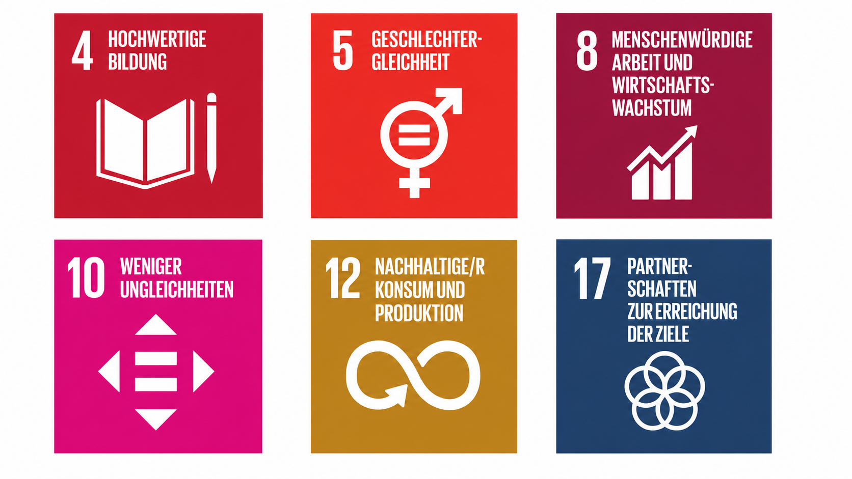 Übersicht der SDGs 4, 5, 8, 10, 12 und 17